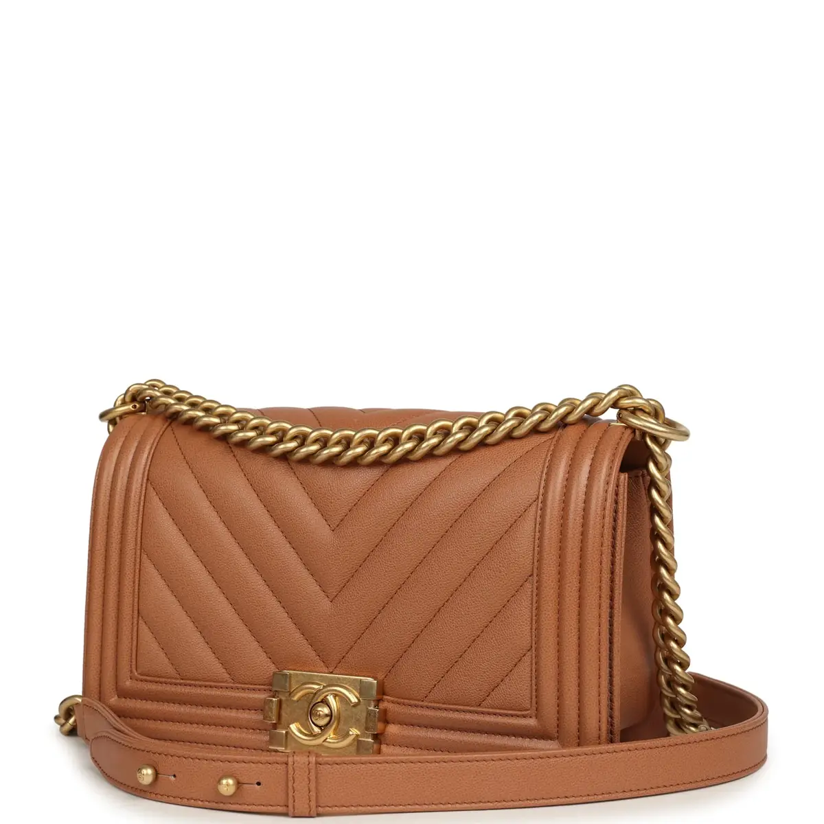 Chanel Pre-owned Chanel Medium Chevron Boy Bag Brown Caviar Antique Gold Hardware | Thumbnail 5