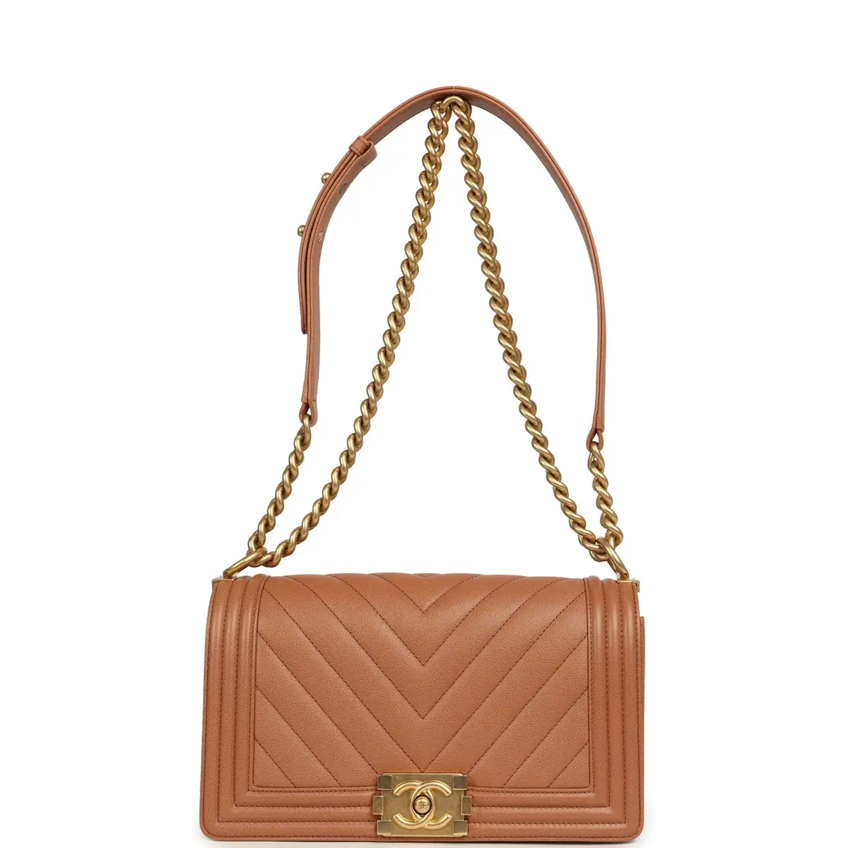Chanel Pre-owned Chanel Medium Chevron Boy Bag Brown Caviar Antique Gold Hardware | Thumbnail 7