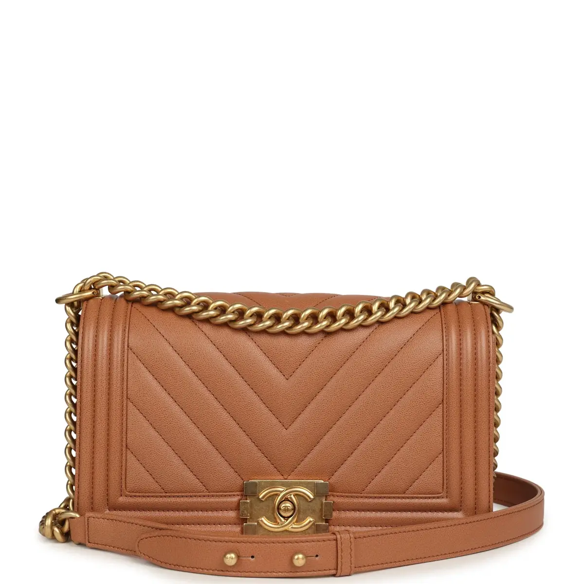 Chanel Pre-owned Chanel Medium Chevron Boy Bag Brown Caviar Antique Gold Hardware | Image 1 Chanel Pre-owned Chanel Medium Chevron Boy Bag Brown Caviar Antique Gold Hardware | Image 1