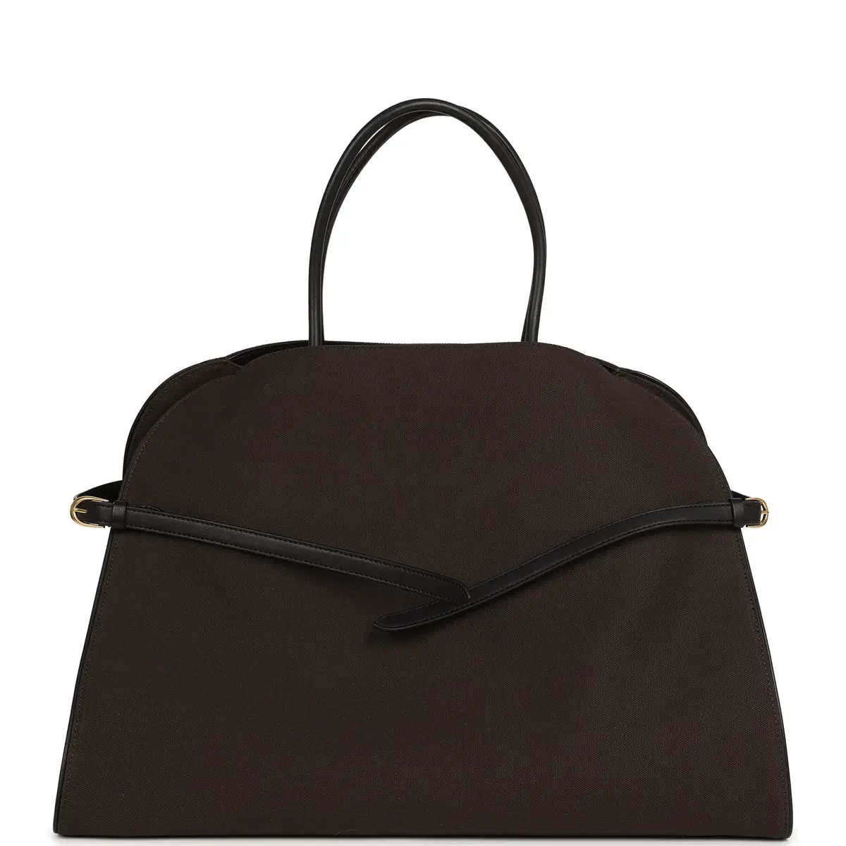 The Row Margaux 17 Ceinture Bag Dark Brown Canvas, Black Saddle Gold Hardware The Row Margaux 17 Ceinture Bag Dark Brown Canvas, Black Saddle Gold Hardware