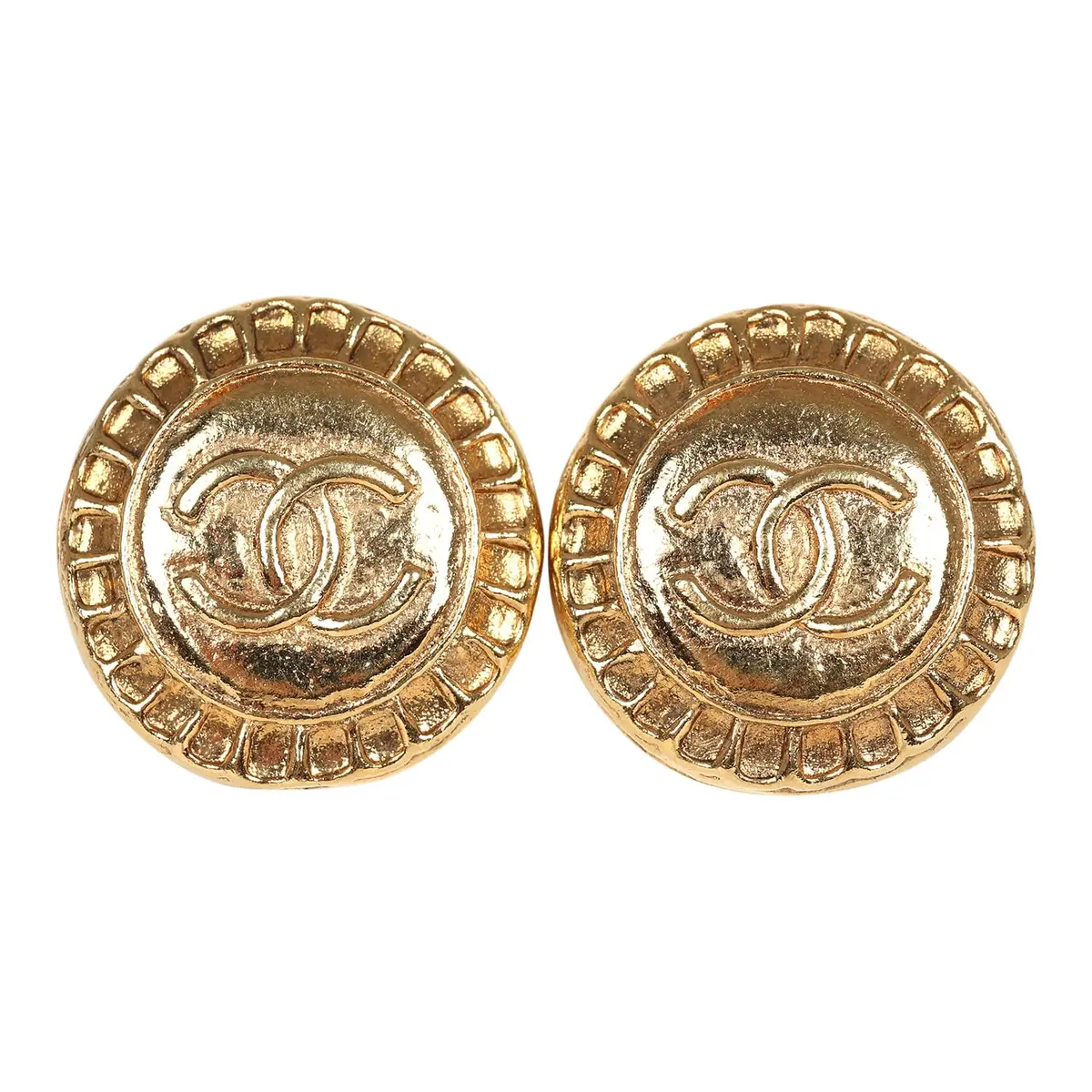 Chanel Vintage Chanel Small Round Sun Border CC Clip On Earrings Gold Plated Hardware | Image 1 Chanel Vintage Chanel Small Round Sun Border CC Clip On Earrings Gold Plated Hardware | Image 1
