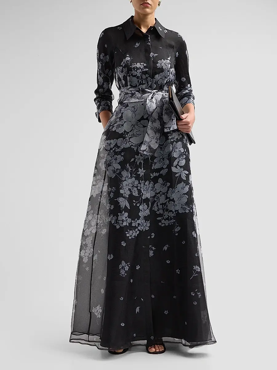 Teri Jon by Rickie Freeman Women's Floral Organza Tie-Waist Shirt Gown | Thumbnail 2