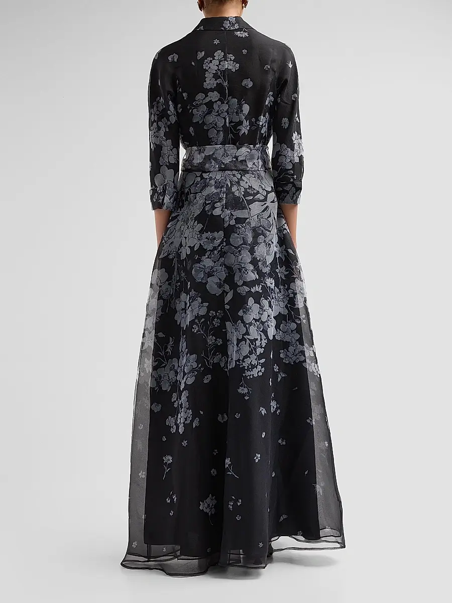 Teri Jon by Rickie Freeman Women's Floral Organza Tie-Waist Shirt Gown | Thumbnail 3