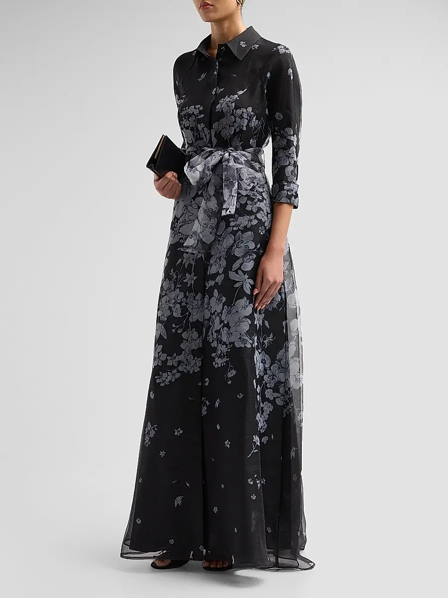Teri Jon by Rickie Freeman Women's Floral Organza Tie-Waist Shirt Gown | Thumbnail 4
