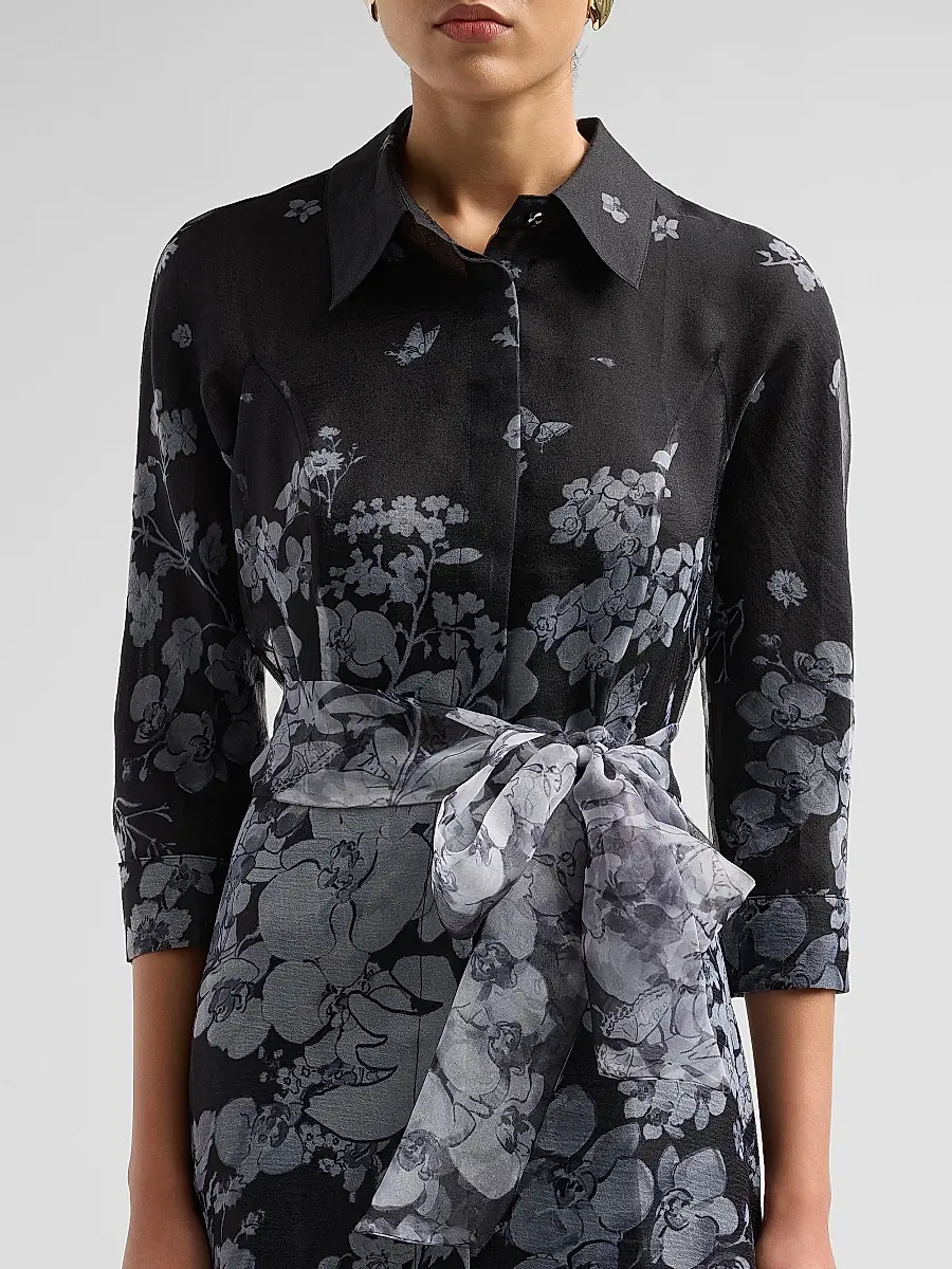 Teri Jon by Rickie Freeman Women's Floral Organza Tie-Waist Shirt Gown | Thumbnail 5