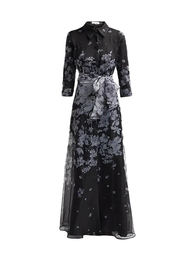 Teri Jon by Rickie Freeman Women's Floral Organza Tie-Waist Shirt Gown - Black Silver | Image 1 Teri Jon by Rickie Freeman Women's Floral Organza Tie-Waist Shirt Gown - Black Silver | Image 1
