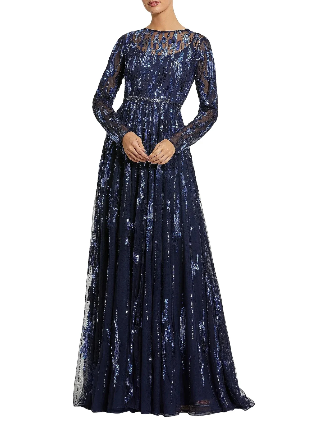 Mac Duggal Women's Evening Mesh Long-Sleeve Gown