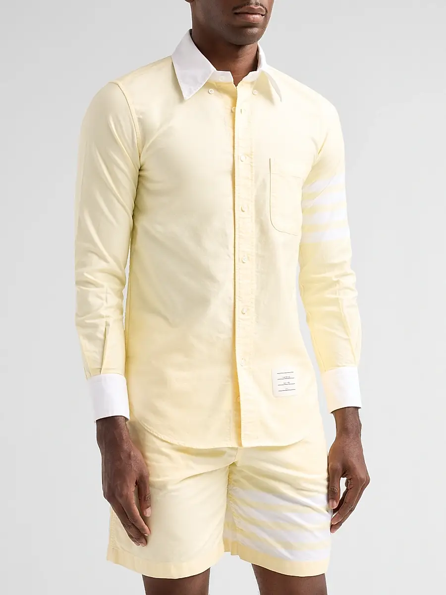 Thom Browne Men's Engineered 4-Bar Linen Straight-Fit Shirt | Thumbnail 4 Thom Browne Men's Engineered 4-Bar Linen Straight-Fit Shirt | Thumbnail 4