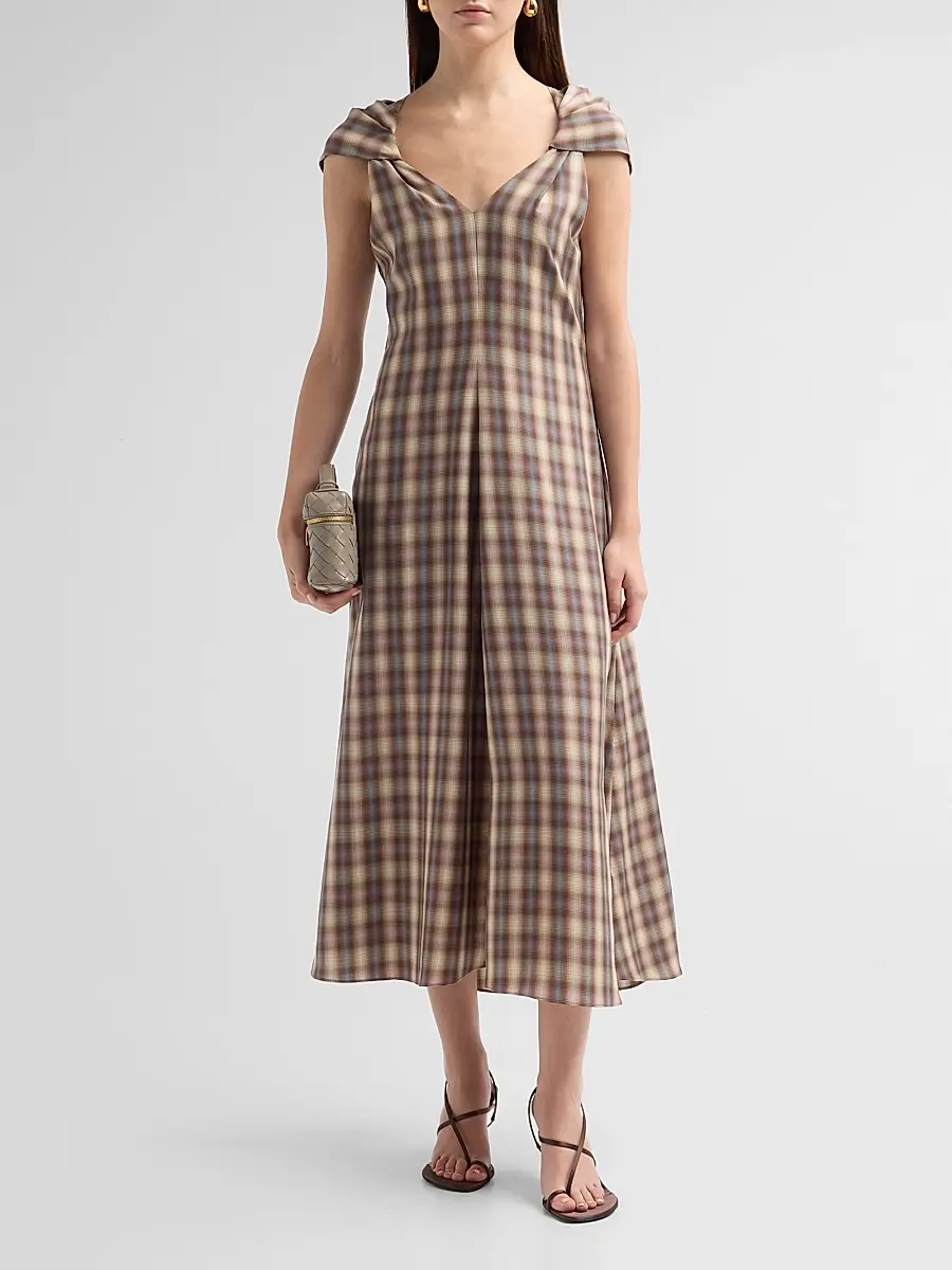 PRABAL GURUNG Women's Plaid Twist Cap Sleeve Midi Dress | Thumbnail 2