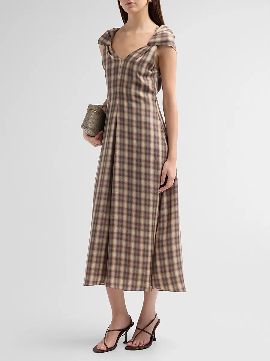 PRABAL GURUNG Women's Plaid Twist Cap Sleeve Midi Dress | Thumbnail 4