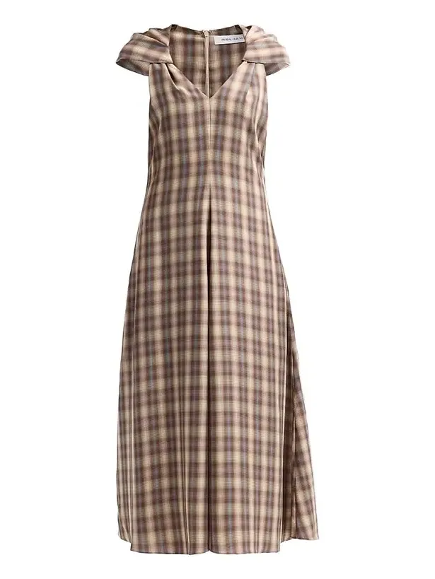 Women's Plaid Twist Cap Sleeve Midi Dress