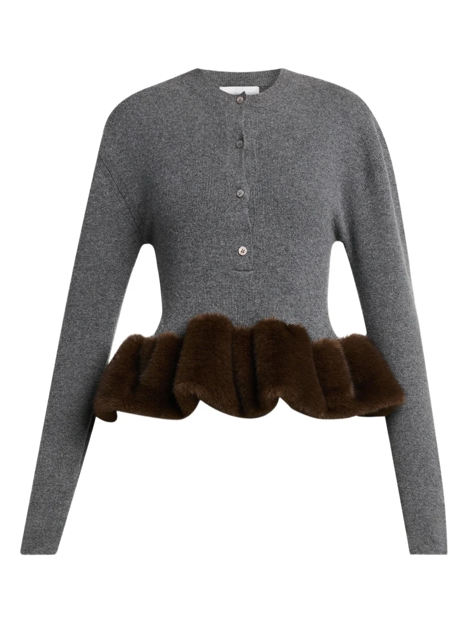 Women's Faux Fur Trim Wool Crewneck Sweater