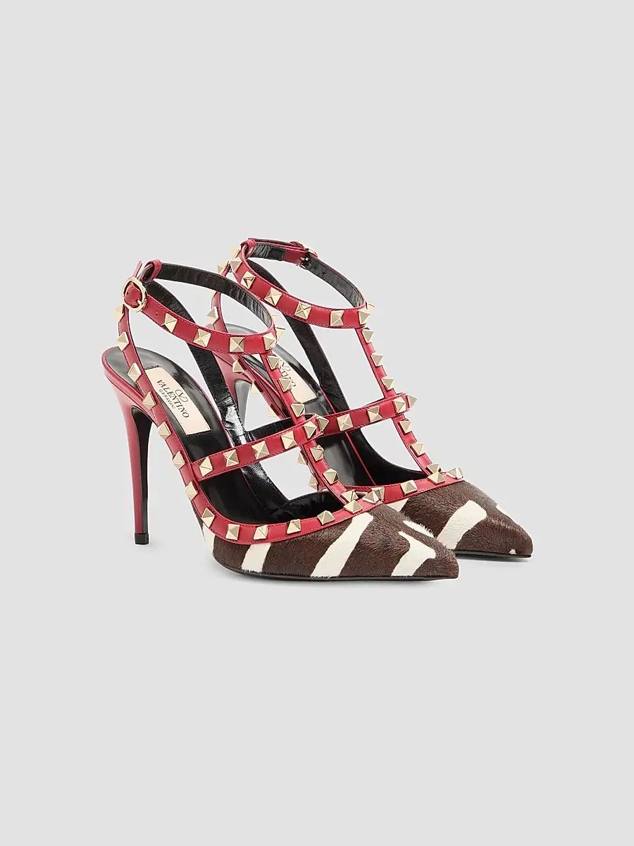 Valentino Women's Rockstud 100MM Pumps in Pony-Effect Calfskin - White Marrone Red | Thumbnail 2