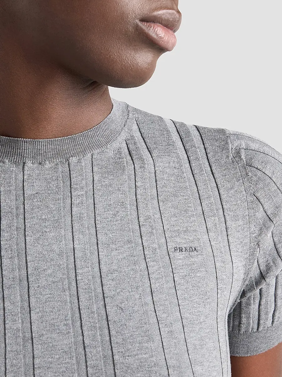 Prada Women's Short-Sleeved Ribbed Knit Cotton Sweater | Thumbnail 3 Prada Women's Short-Sleeved Ribbed Knit Cotton Sweater | Thumbnail 3