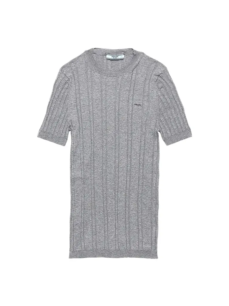 Prada Women's Short-Sleeved Ribbed Knit Cotton Sweater - Grey - Size 8 | Image 1 Prada Women's Short-Sleeved Ribbed Knit Cotton Sweater - Grey - Size 8 | Image 1