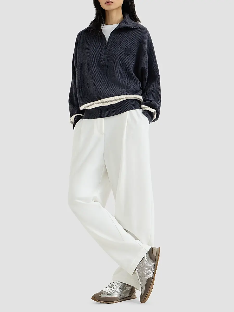 Brunello Cucinelli Women's Cashmere English Rib Turtleneck Sweater with Half-Zip and Logo - Navy Blue | Thumbnail 2 Brunello Cucinelli Women's Cashmere English Rib Turtleneck Sweater with Half-Zip and Logo - Navy Blue | Thumbnail 2