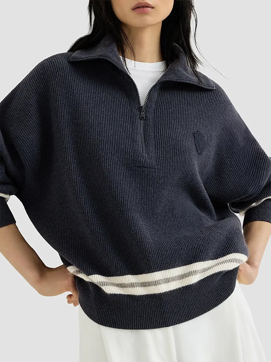 Brunello Cucinelli Women's Cashmere English Rib Turtleneck Sweater with Half-Zip and Logo - Navy Blue | Thumbnail 5 Brunello Cucinelli Women's Cashmere English Rib Turtleneck Sweater with Half-Zip and Logo - Navy Blue | Thumbnail 5
