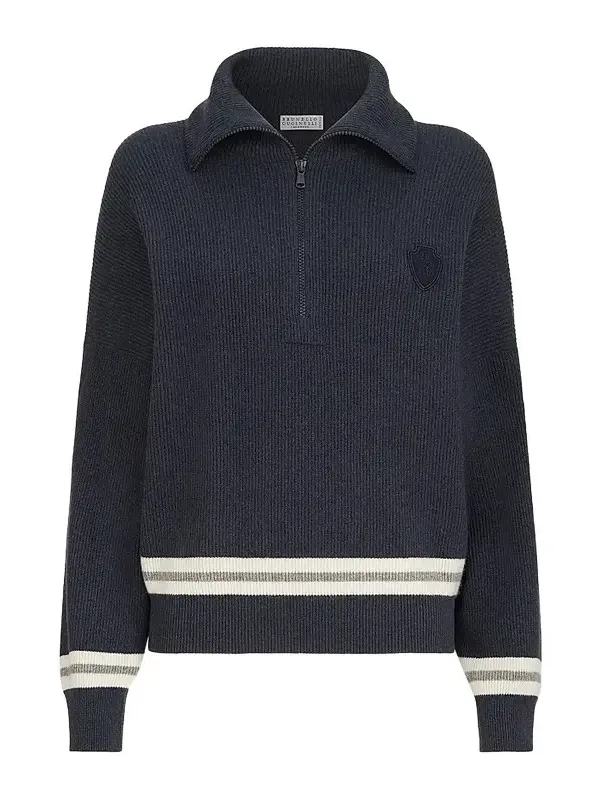 Women's Cashmere English Rib Turtleneck Sweater with Half-zip and Logo - Navy Blue