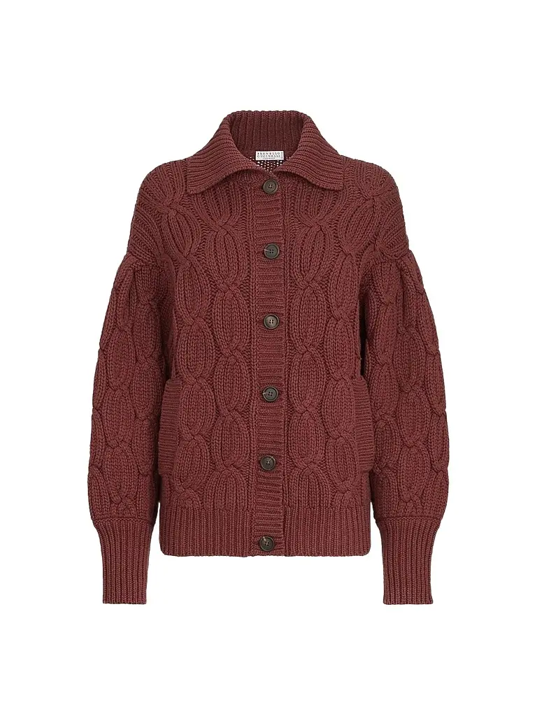Brunello Cucinelli Women's Cashmere Feather Yarn Heritage Cable Cardigan - Ruby | Image 1 Brunello Cucinelli Women's Cashmere Feather Yarn Heritage Cable Cardigan - Ruby | Image 1