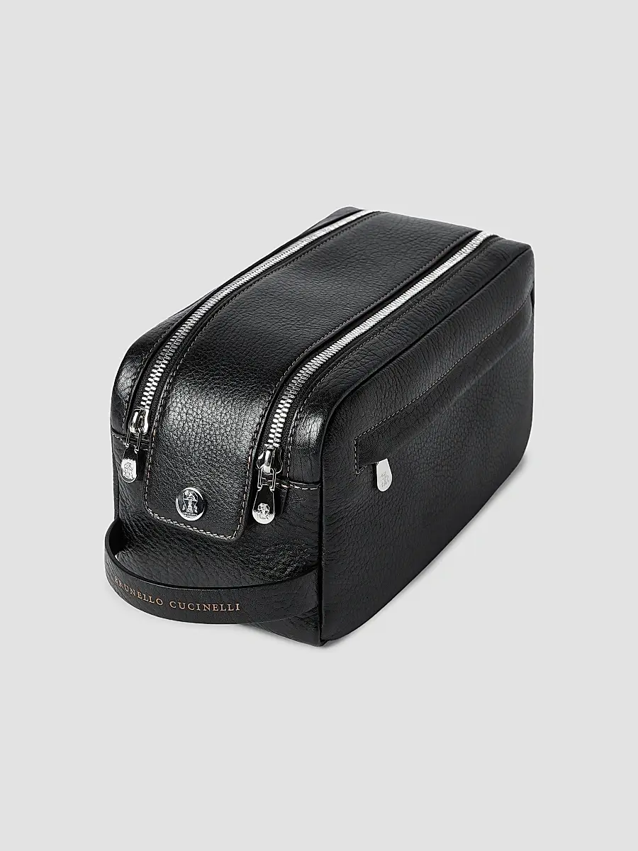 Brunello Cucinelli Grained Calfskin Beauty Case with Double Zipper - Black | Thumbnail 2