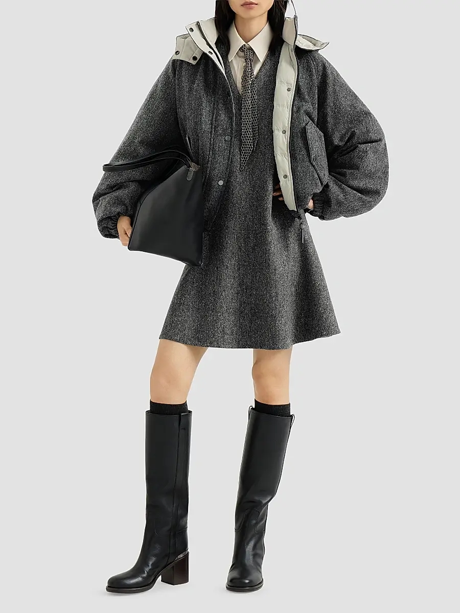 Brunello Cucinelli Women's Virgin Wool Donegal Down Jacket with Detachable Hood and Shiny Zipper Pull | Thumbnail 2 Brunello Cucinelli Women's Virgin Wool Donegal Down Jacket with Detachable Hood and Shiny Zipper Pull | Thumbnail 2