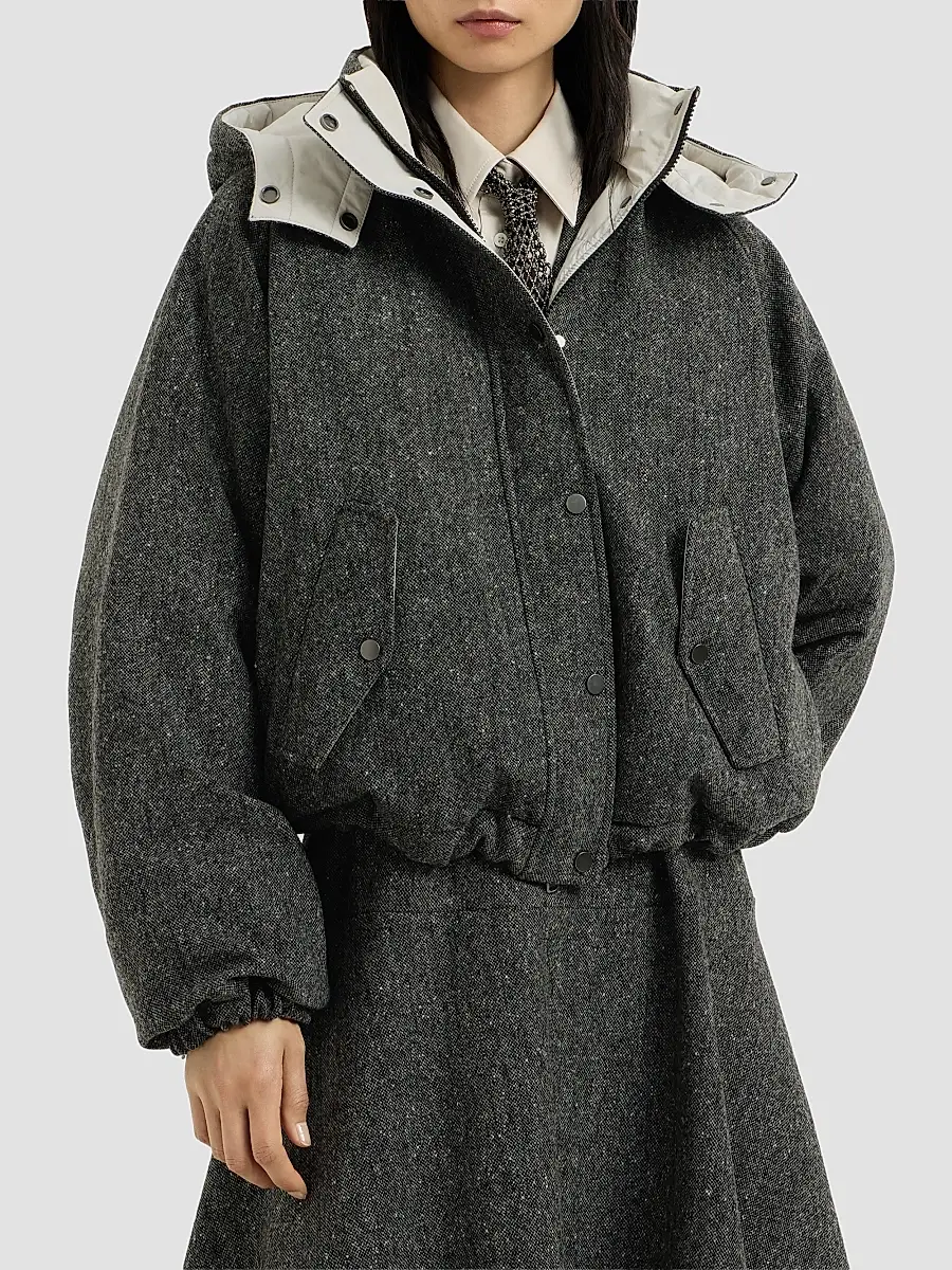 Brunello Cucinelli Women's Virgin Wool Donegal Down Jacket with Detachable Hood and Shiny Zipper Pull | Thumbnail 3 Brunello Cucinelli Women's Virgin Wool Donegal Down Jacket with Detachable Hood and Shiny Zipper Pull | Thumbnail 3
