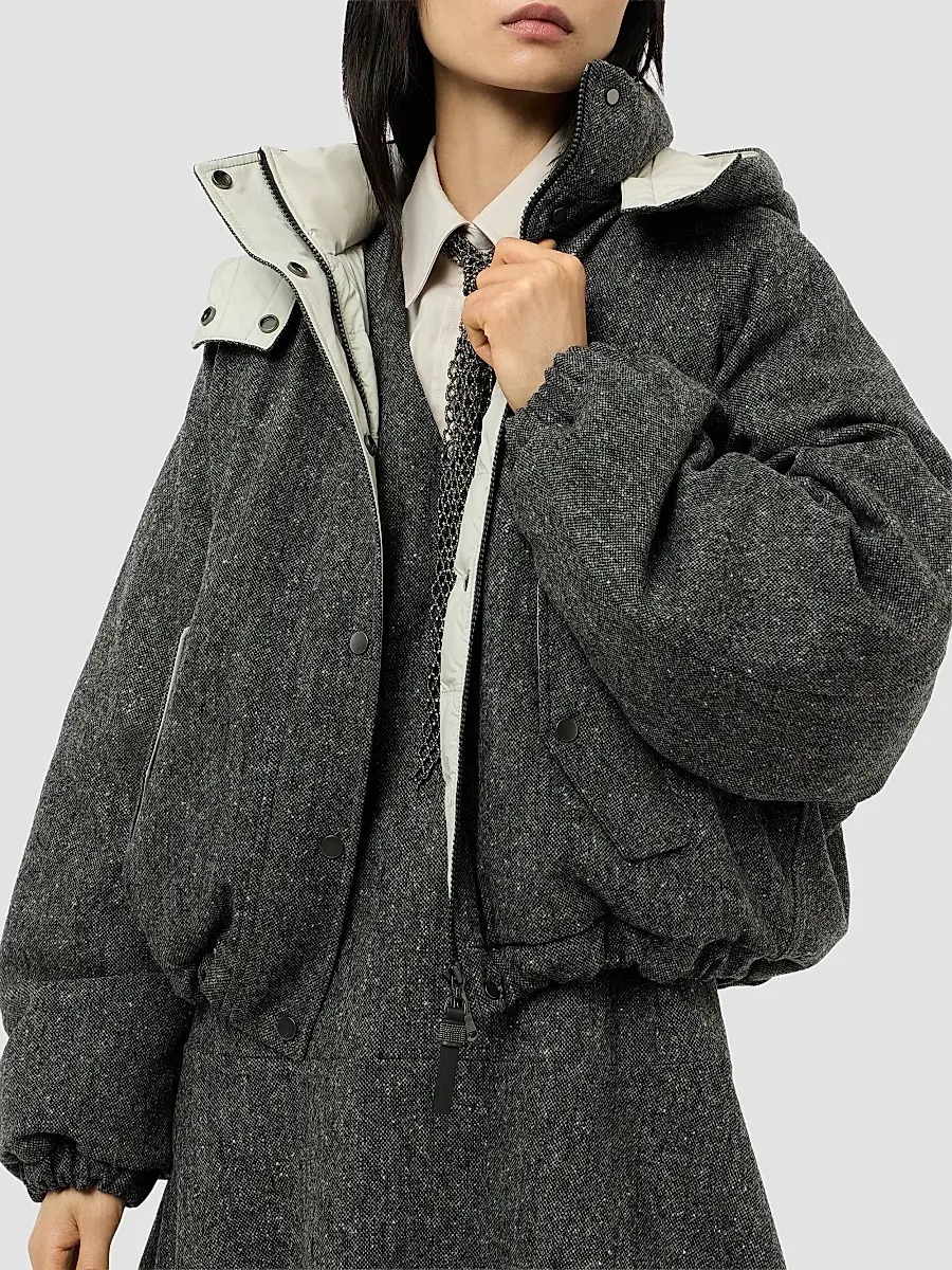 Brunello Cucinelli Women's Virgin Wool Donegal Down Jacket with Detachable Hood and Shiny Zipper Pull | Thumbnail 5 Brunello Cucinelli Women's Virgin Wool Donegal Down Jacket with Detachable Hood and Shiny Zipper Pull | Thumbnail 5