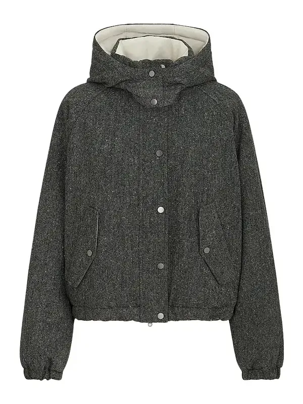 Women's Virgin Wool Donegal Down Jacket with Detachable Hood and Shiny Zipper Pull Women's Virgin Wool Donegal Down Jacket with Detachable Hood and Shiny Zipper Pull