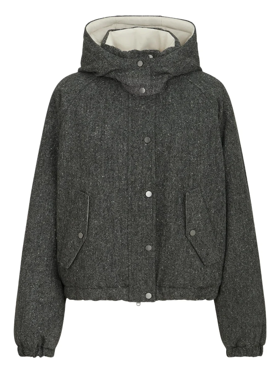 Women's Virgin Wool Donegal Down Jacket with Detachable Hood and Shiny Zipper Pull Women's Virgin Wool Donegal Down Jacket with Detachable Hood and Shiny Zipper Pull
