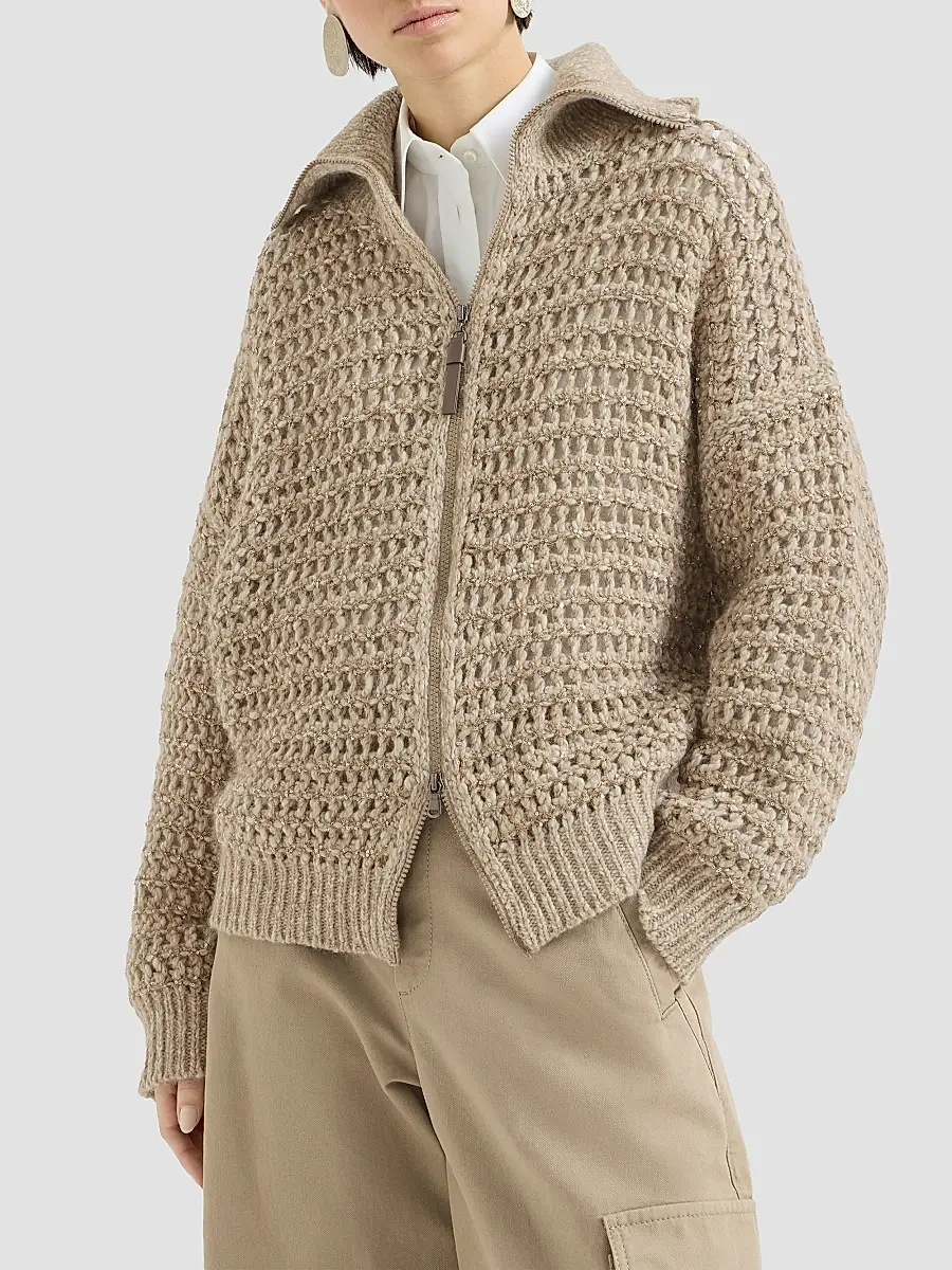 Brunello Cucinelli Women's Dazzling Soft Virgin Wool and Cashmere Net Cardigan | Thumbnail 3 Brunello Cucinelli Women's Dazzling Soft Virgin Wool and Cashmere Net Cardigan | Thumbnail 3