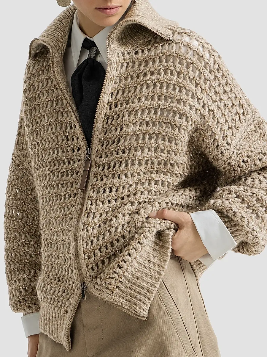 Brunello Cucinelli Women's Dazzling Soft Virgin Wool and Cashmere Net Cardigan | Thumbnail 5 Brunello Cucinelli Women's Dazzling Soft Virgin Wool and Cashmere Net Cardigan | Thumbnail 5