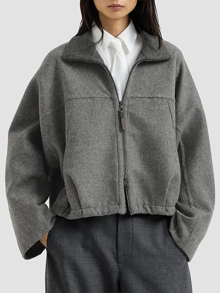 Brunello Cucinelli Women's Hand-Crafted Bomber Jacket in Virgin Wool Double Cloth with Shiny Zipper Pull | Thumbnail 3