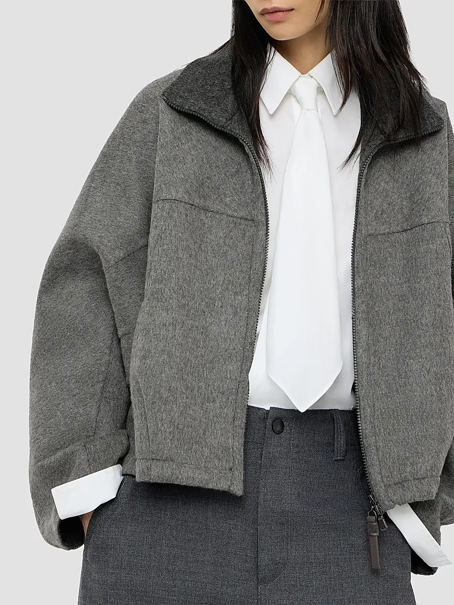 Brunello Cucinelli Women's Hand-Crafted Bomber Jacket in Virgin Wool Double Cloth with Shiny Zipper Pull | Thumbnail 5
