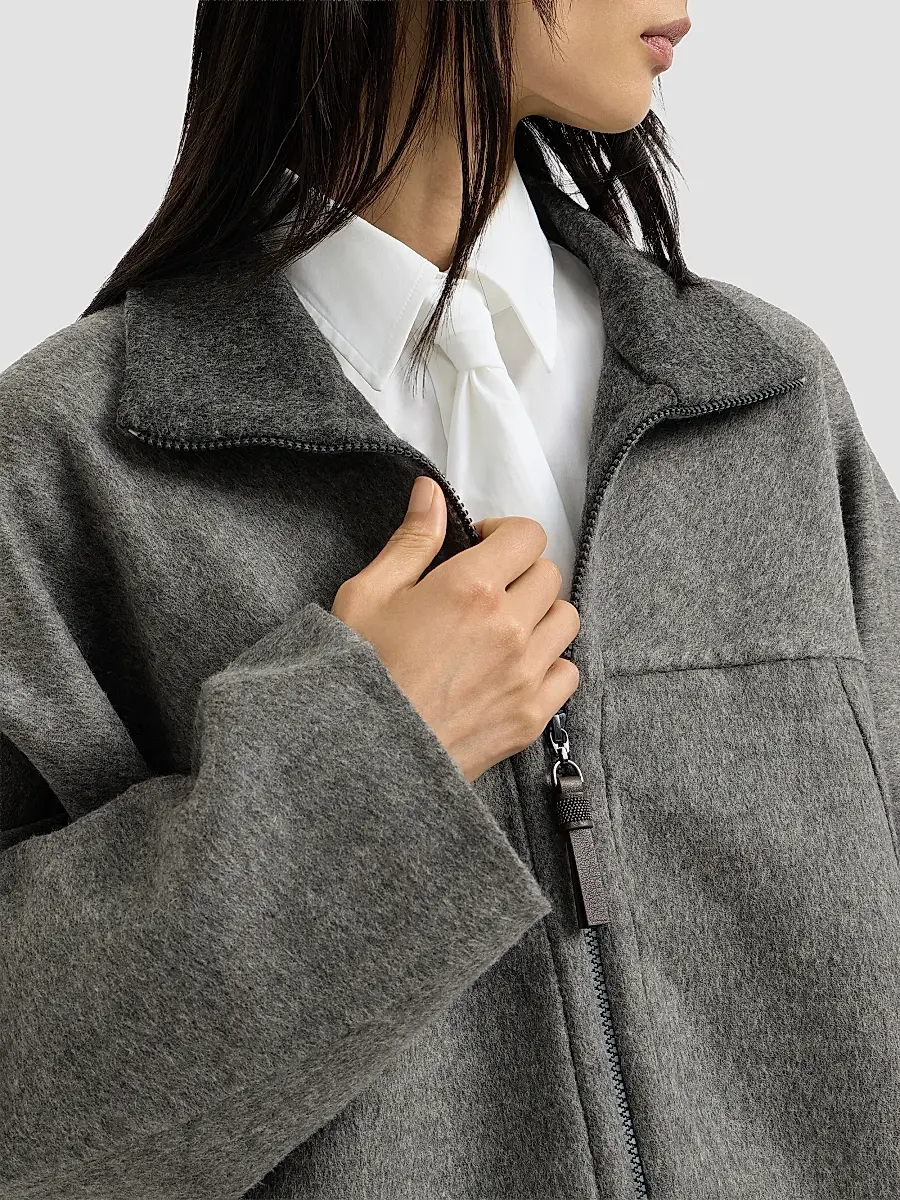 Brunello Cucinelli Women's Hand-Crafted Bomber Jacket in Virgin Wool Double Cloth with Shiny Zipper Pull | Thumbnail 6
