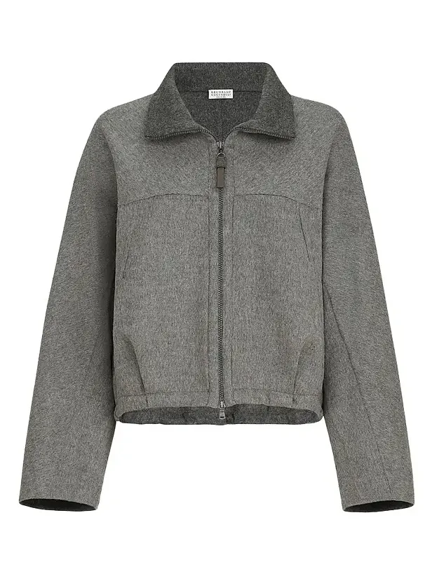 Women's Hand-Crafted Bomber Jacket in Virgin Wool Double Cloth with Shiny Zipper Pull Women's Hand-Crafted Bomber Jacket in Virgin Wool Double Cloth with Shiny Zipper Pull
