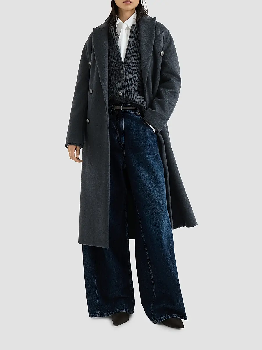 Brunello Cucinelli Women's Hand-Crafted Coat in Cashmere Beaver Double Cloth with Monili - Blue | Thumbnail 2