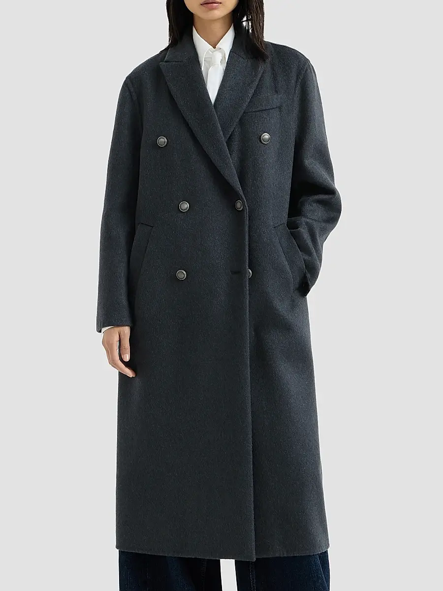Brunello Cucinelli Women's Hand-Crafted Coat in Cashmere Beaver Double Cloth with Monili - Blue | Thumbnail 3