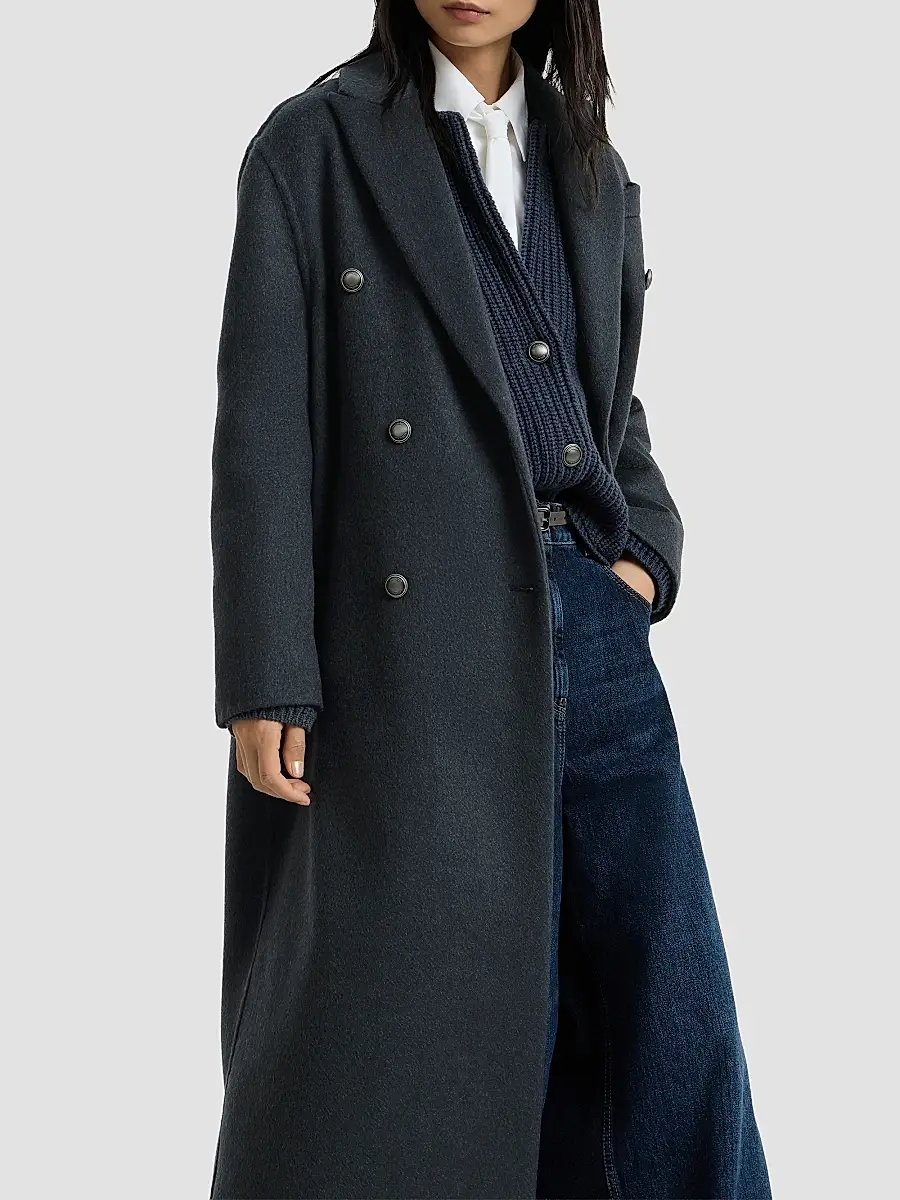 Brunello Cucinelli Women's Hand-Crafted Coat in Cashmere Beaver Double Cloth with Monili - Blue | Thumbnail 5