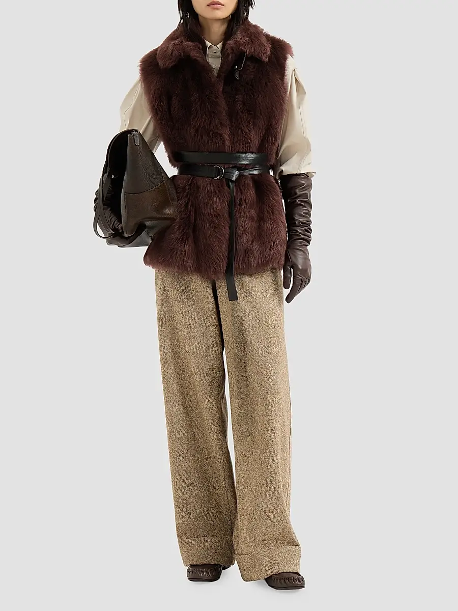 Brunello Cucinelli Women's Lux Shearling Vest with Nappa Leather Belt and Monili - Burgundy | Thumbnail 2 Brunello Cucinelli Women's Lux Shearling Vest with Nappa Leather Belt and Monili - Burgundy | Thumbnail 2
