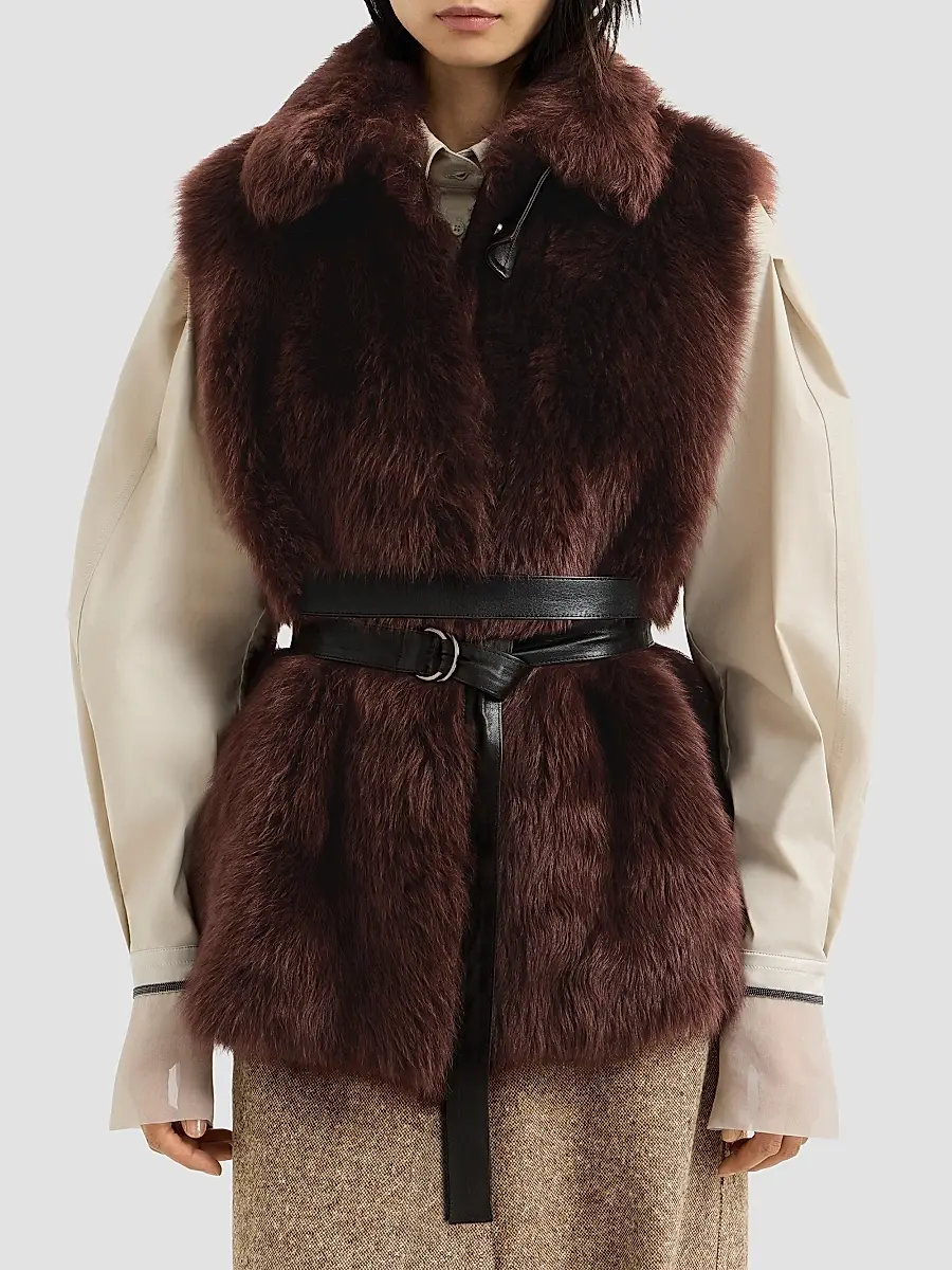 Brunello Cucinelli Women's Lux Shearling Vest with Nappa Leather Belt and Monili - Burgundy | Thumbnail 3 Brunello Cucinelli Women's Lux Shearling Vest with Nappa Leather Belt and Monili - Burgundy | Thumbnail 3