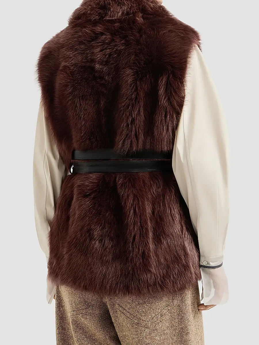 Brunello Cucinelli Women's Lux Shearling Vest with Nappa Leather Belt and Monili - Burgundy | Thumbnail 4 Brunello Cucinelli Women's Lux Shearling Vest with Nappa Leather Belt and Monili - Burgundy | Thumbnail 4