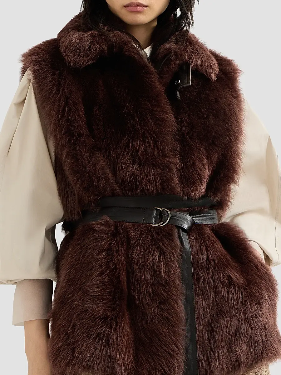 Brunello Cucinelli Women's Lux Shearling Vest with Nappa Leather Belt and Monili - Burgundy | Thumbnail 5 Brunello Cucinelli Women's Lux Shearling Vest with Nappa Leather Belt and Monili - Burgundy | Thumbnail 5