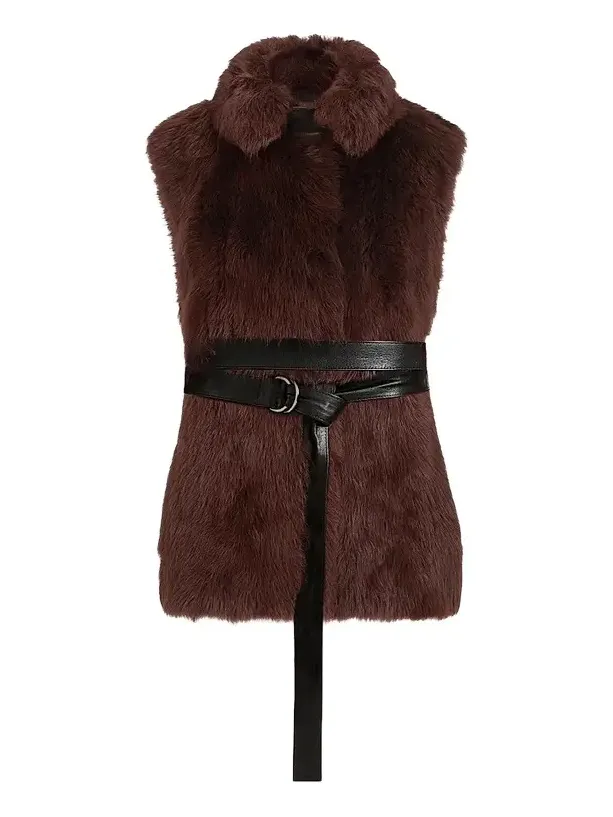 Women's Lux Shearling Vest with Nappa Leather Belt and Monili - Burgundy Women's Lux Shearling Vest with Nappa Leather Belt and Monili - Burgundy