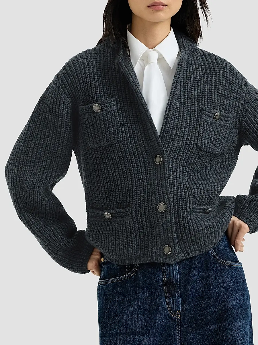 Brunello Cucinelli Women's Cashmere Feather Yarn English Rib Cardigan | Thumbnail 3 Brunello Cucinelli Women's Cashmere Feather Yarn English Rib Cardigan | Thumbnail 3