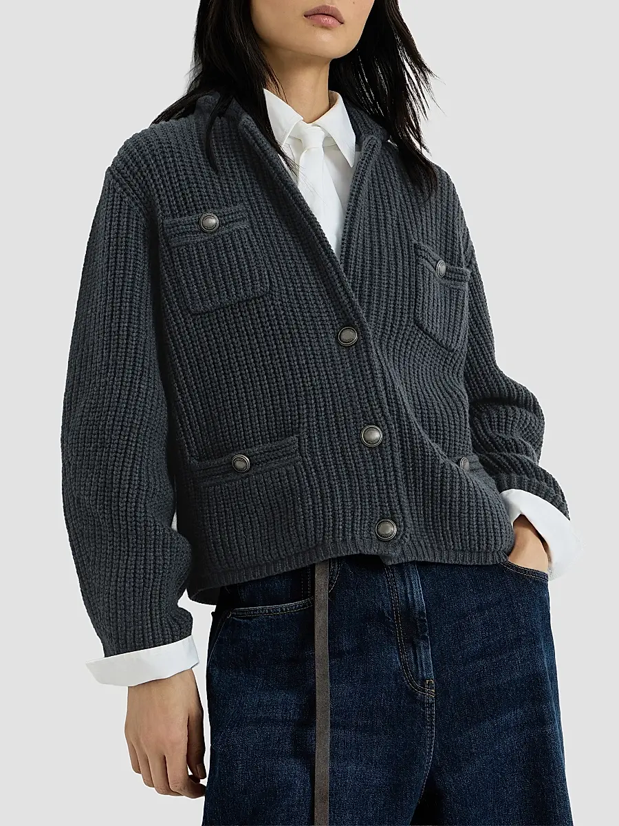 Brunello Cucinelli Women's Cashmere Feather Yarn English Rib Cardigan | Thumbnail 5 Brunello Cucinelli Women's Cashmere Feather Yarn English Rib Cardigan | Thumbnail 5