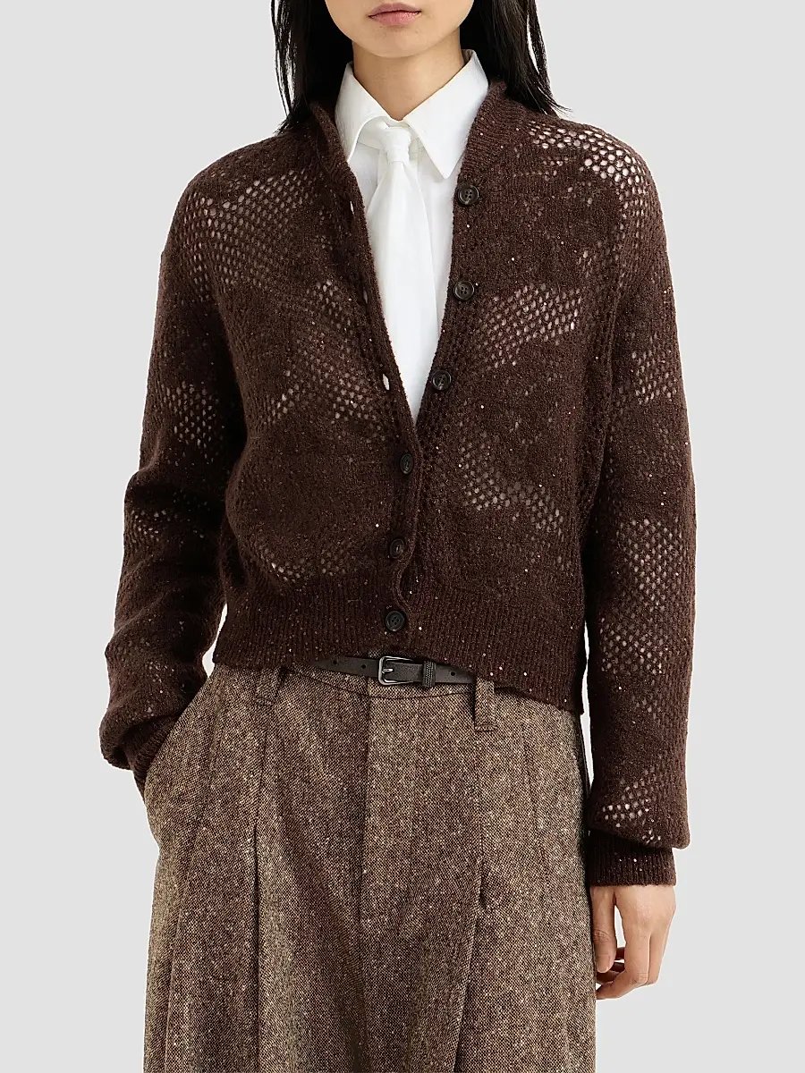 Brunello Cucinelli Women's Lace Flowers Cardigan in Sparkling Mohair and Virgin Wool - Brown | Thumbnail 3