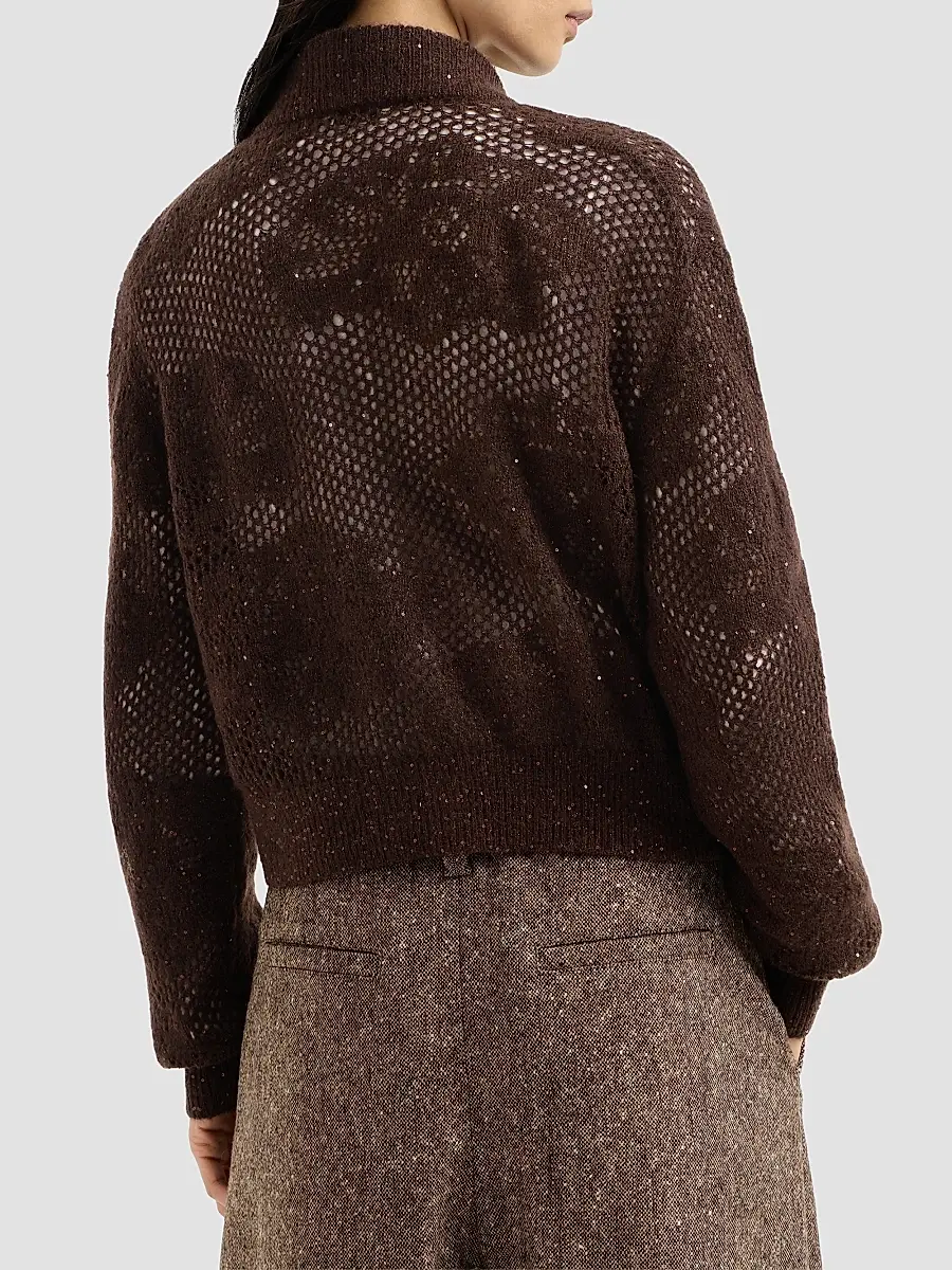 Brunello Cucinelli Women's Lace Flowers Cardigan in Sparkling Mohair and Virgin Wool - Brown | Thumbnail 4