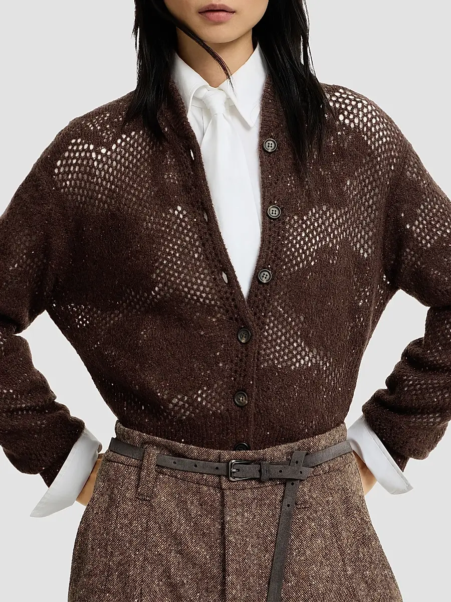 Brunello Cucinelli Women's Lace Flowers Cardigan in Sparkling Mohair and Virgin Wool - Brown | Thumbnail 5