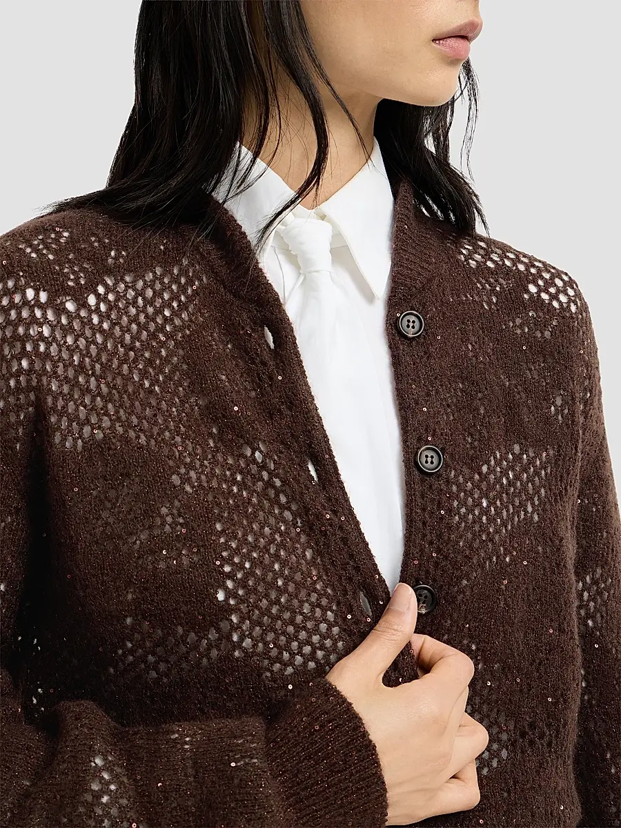 Brunello Cucinelli Women's Lace Flowers Cardigan in Sparkling Mohair and Virgin Wool - Brown | Thumbnail 6