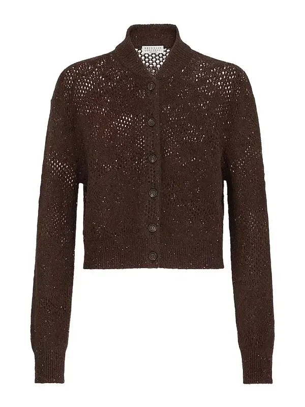 Women's Lace Flowers Cardigan in Sparkling Mohair and Virgin Wool - Brown